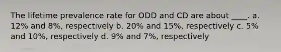 The lifetime prevalence rate for ODD and CD are about ____. a. 12% and 8%, respectively b. 20% and 15%, respectively c. 5% and 10%, respectively d. 9% and 7%, respectively