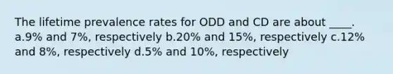 The lifetime prevalence rates for ODD and CD are about ____. a.9% and 7%, respectively b.20% and 15%, respectively c.12% and 8%, respectively d.5% and 10%, respectively