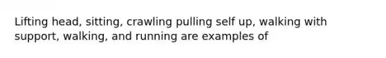 Lifting head, sitting, crawling pulling self up, walking with support, walking, and running are examples of