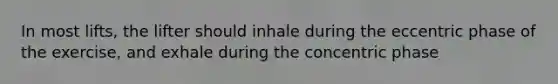 In most lifts, the lifter should inhale during the eccentric phase of the exercise, and exhale during the concentric phase