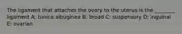 The ligament that attaches the ovary to the uterus is the ________ ligament A: tunica albuginea B: broad C: suspensory D: inguinal E: ovarian