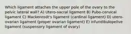 Which ligament attaches the upper pole of the ovary to the pelvic lateral wall? A) Utero-sacral ligament B) Pubo-cervical ligament C) Mackenrodt's ligament (cardinal ligament) D) utero-ovarian ligament (proper ovarian ligament) E) infundibulopelive ligament (suspensory ligament of ovary)