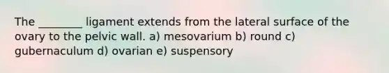 The ________ ligament extends from the lateral surface of the ovary to the pelvic wall. a) mesovarium b) round c) gubernaculum d) ovarian e) suspensory