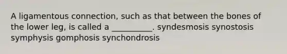 A ligamentous connection, such as that between the bones of the lower leg, is called a __________. syndesmosis synostosis symphysis gomphosis synchondrosis