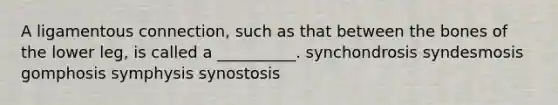 A ligamentous connection, such as that between the bones of the lower leg, is called a __________. synchondrosis syndesmosis gomphosis symphysis synostosis