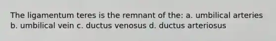 The ligamentum teres is the remnant of the: a. umbilical arteries b. umbilical vein c. ductus venosus d. ductus arteriosus