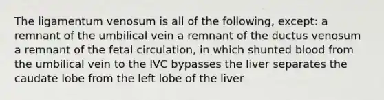 The ligamentum venosum is all of the following, except: a remnant of the umbilical vein a remnant of the ductus venosum a remnant of the fetal circulation, in which shunted blood from the umbilical vein to the IVC bypasses the liver separates the caudate lobe from the left lobe of the liver