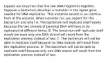 Ligases are enzymes that link two DNA fragments together. Suppose a bacterium develops a mutation in the ligase gene needed for DNA replication. This mutation results in an inactive form of the enzyme. What outcome can you expect for this bacterium and why? A. The bacterium will replicate itself slowly because the two strands of parental DNA will have to be replicated at different times. B. The bacterium will replicate itself slowly because only one DNA strand will result from the replication process instead of two. C. The bacterium will not be able to replicate itself because no DNA strands will result from the replication process. D. The bacterium will not be able to replicate itself because only one DNA strand will result from the replication process instead of two.