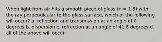 When light from air hits a smooth piece of glass (n = 1.5) with the ray perpendicular to the glass surface, which of the following will occur? a. reflection and transmission at an angle of 0 degrees b. dispersion c. refraction at an angle of 41.8 degrees d. all of the above will occur