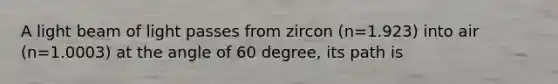 A light beam of light passes from zircon (n=1.923) into air (n=1.0003) at the angle of 60 degree, its path is