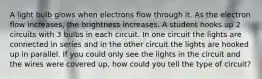 A light bulb glows when electrons flow through it. As the electron flow increases, the brightness increases. A student hooks up 2 circuits with 3 bulbs in each circuit. In one circuit the lights are connected in series and in the other circuit the lights are hooked up in parallel. If you could only see the lights in the circuit and the wires were covered up, how could you tell the type of circuit?