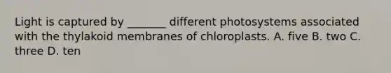 Light is captured by _______ different photosystems associated with the thylakoid membranes of chloroplasts. A. five B. two C. three D. ten