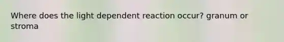 Where does the light dependent reaction occur? granum or stroma