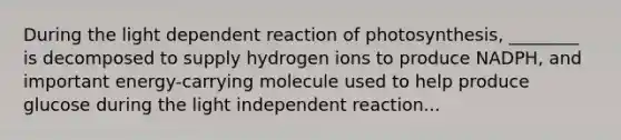 During the light dependent reaction of photosynthesis, ________ is decomposed to supply hydrogen ions to produce NADPH, and important energy-carrying molecule used to help produce glucose during the light independent reaction...