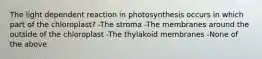 The light dependent reaction in photosynthesis occurs in which part of the chloroplast? -The stroma -The membranes around the outside of the chloroplast -The thylakoid membranes -None of the above