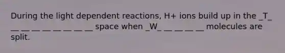 During the light dependent reactions, H+ ions build up in the _T_ __ __ __ __ __ __ __ __ space when _W_ __ __ __ __ molecules are split.