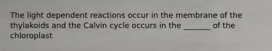 The light dependent reactions occur in the membrane of the thylakoids and the Calvin cycle occurs in the _______ of the chloroplast