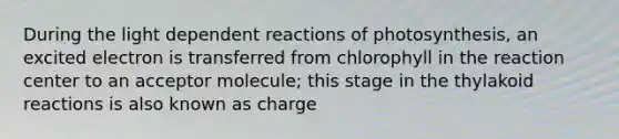 During the light dependent reactions of photosynthesis, an excited electron is transferred from chlorophyll in the reaction center to an acceptor molecule; this stage in the thylakoid reactions is also known as charge