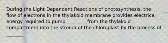 During the Light Dependent Reactions of photosynthesis, the flow of electrons in the thylakoid membrane provides electrical energy required to pump ________ from the thylakoid compartment into the stroma of the chloroplast by the process of _______