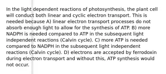 In the light dependent reactions of photosynthesis, the plant cell will conduct both linear and cyclic electron transport. This is needed because A) linear electron transport processes do not absorb enough light to allow for the synthesis of ATP. B) more NADPH is needed compared to ATP in the subsequent light independent reactions (Calvin cycle). C) more ATP is needed compared to NADPH in the subsequent light independent reactions (Calvin cycle). D) electrons are accepted by ferrodoxin during electron transport and without this, ATP synthesis would not occur.