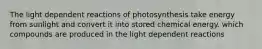 The light dependent reactions of photosynthesis take energy from sunlight and convert it into stored chemical energy. which compounds are produced in the light dependent reactions