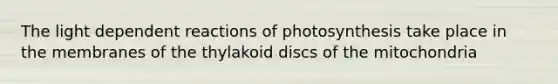 The light dependent reactions of photosynthesis take place in the membranes of the thylakoid discs of the mitochondria