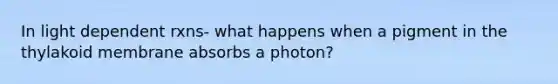 In light dependent rxns- what happens when a pigment in the thylakoid membrane absorbs a photon?