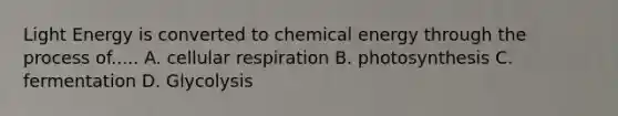 Light Energy is converted to chemical energy through the process of..... A. cellular respiration B. photosynthesis C. fermentation D. Glycolysis