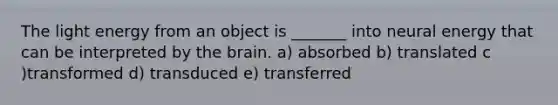 The light energy from an object is _______ into neural energy that can be interpreted by the brain. a) absorbed b) translated c )transformed d) transduced e) transferred