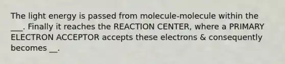 The light energy is passed from molecule-molecule within the ___. Finally it reaches the REACTION CENTER, where a PRIMARY ELECTRON ACCEPTOR accepts these electrons & consequently becomes __.