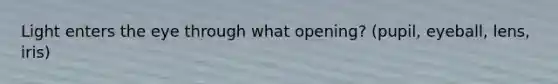 Light enters the eye through what opening? (pupil, eyeball, lens, iris)