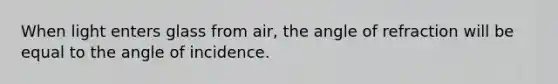 When light enters glass from air, the angle of refraction will be equal to the angle of incidence.