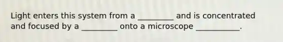 Light enters this system from a _________ and is concentrated and focused by a _________ onto a microscope ___________.