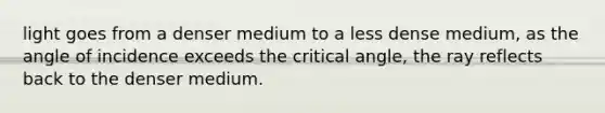 light goes from a denser medium to a less dense medium, as the angle of incidence exceeds the critical angle, the ray reflects back to the denser medium.