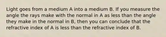 Light goes from a medium A into a medium B. If you measure the angle the rays make with the normal in A as less than the angle they make in the normal in B, then you can conclude that the refractive index of A is less than the refractive index of B.