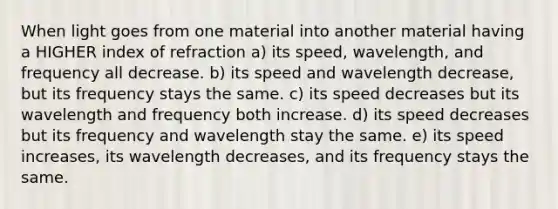 When light goes from one material into another material having a HIGHER index of refraction a) its speed, wavelength, and frequency all decrease. b) its speed and wavelength decrease, but its frequency stays the same. c) its speed decreases but its wavelength and frequency both increase. d) its speed decreases but its frequency and wavelength stay the same. e) its speed increases, its wavelength decreases, and its frequency stays the same.