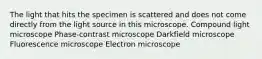 The light that hits the specimen is scattered and does not come directly from the light source in this microscope. Compound light microscope Phase-contrast microscope Darkfield microscope Fluorescence microscope Electron microscope