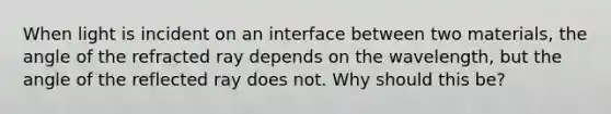 When light is incident on an interface between two materials, the angle of the refracted ray depends on the wavelength, but the angle of the reflected ray does not. Why should this be?