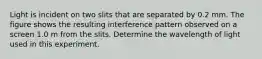 Light is incident on two slits that are separated by 0.2 mm. The figure shows the resulting interference pattern observed on a screen 1.0 m from the slits. Determine the wavelength of light used in this experiment.