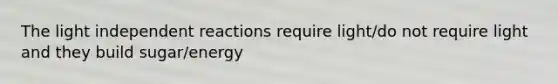 The light independent reactions require light/do not require light and they build sugar/energy