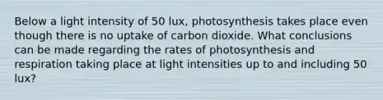 Below a light intensity of 50 lux, photosynthesis takes place even though there is no uptake of carbon dioxide. What conclusions can be made regarding the rates of photosynthesis and respiration taking place at light intensities up to and including 50 lux?