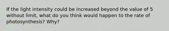 If the light intensity could be increased beyond the value of 5 without limit, what do you think would happen to the rate of photosynthesis? Why?