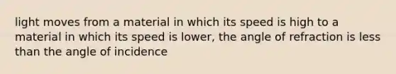 light moves from a material in which its speed is high to a material in which its speed is lower, the angle of refraction is less than the angle of incidence