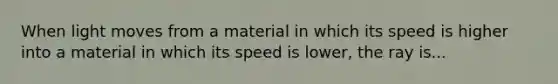 When light moves from a material in which its speed is higher into a material in which its speed is lower, the ray is...