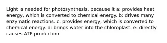 Light is needed for photosynthesis, because it a: provides heat energy, which is converted to chemical energy. b: drives many enzymatic reactions. c: provides energy, which is converted to chemical energy. d: brings water into the chloroplast. e: directly causes ATP production.