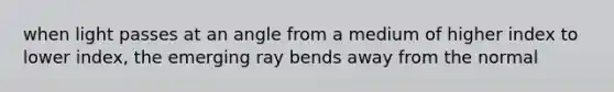 when light passes at an angle from a medium of higher index to lower index, the emerging ray bends away from the normal