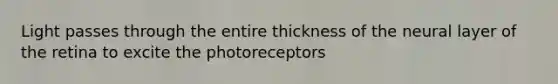 Light passes through the entire thickness of the neural layer of the retina to excite the photoreceptors