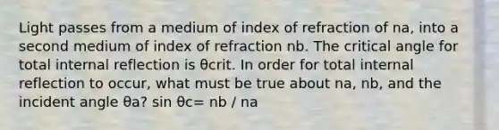 Light passes from a medium of index of refraction of na, into a second medium of index of refraction nb. The critical angle for total internal reflection is θcrit. In order for total internal reflection to occur, what must be true about na, nb, and the incident angle θa? sin θc= nb / na