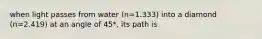 when light passes from water (n=1.333) into a diamond (n=2.419) at an angle of 45*, its path is