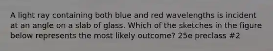 A light ray containing both blue and red wavelengths is incident at an angle on a slab of glass. Which of the sketches in the figure below represents the most likely outcome? 25e preclass #2